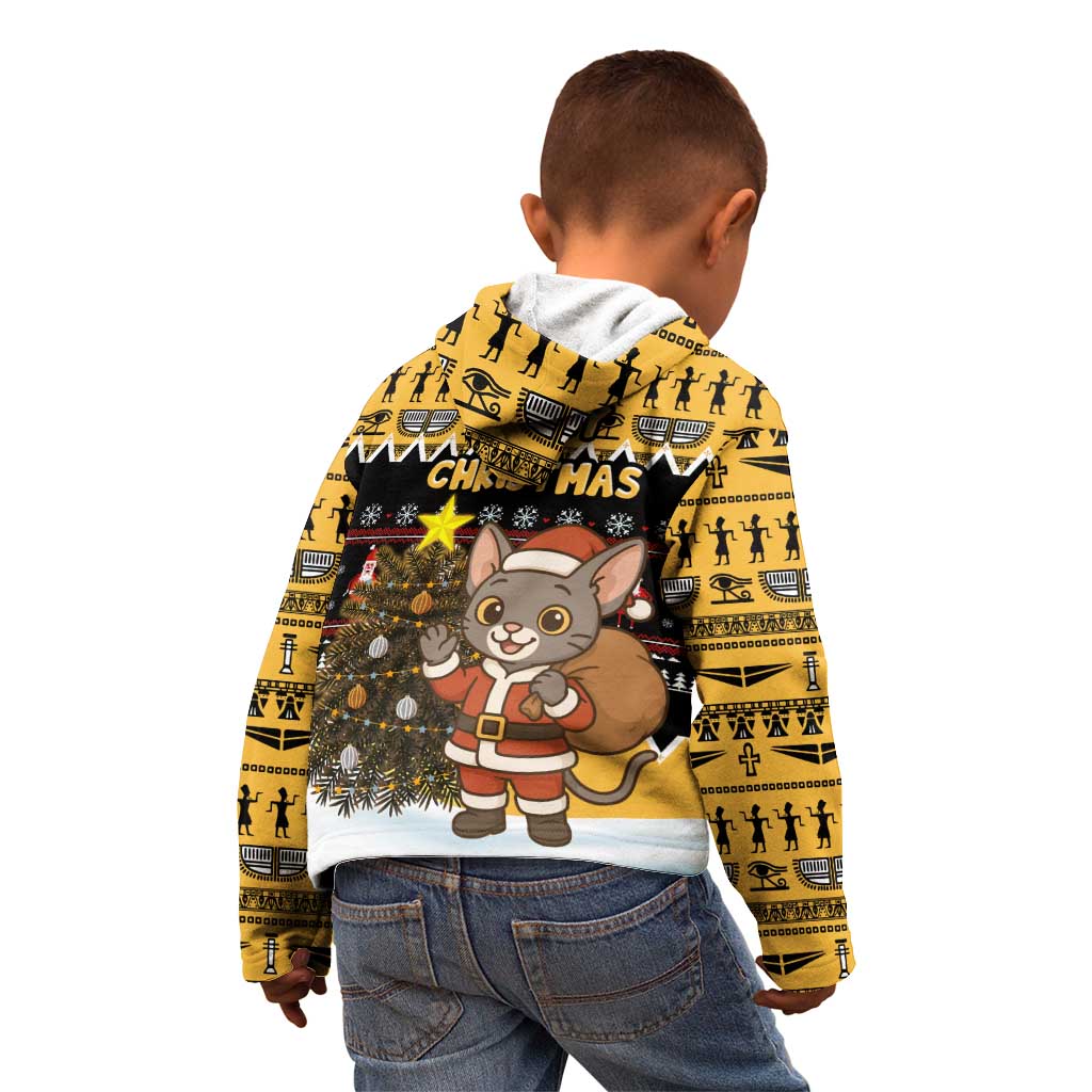 Egypt Christmas Kid Hoodie with Santa Cat Sleigh Reindeer Christmas Tree and Ancient Hieroglyphic - Wonder Print Shop