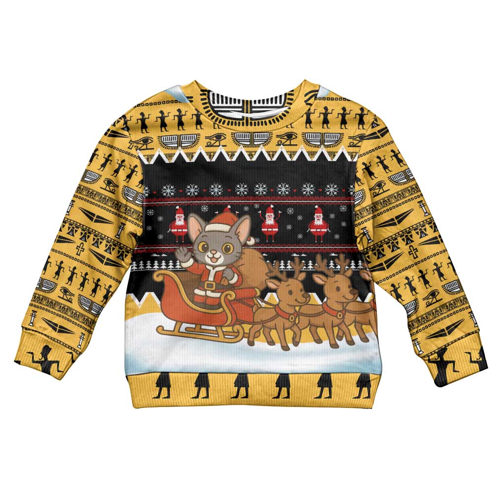 Egypt Christmas Kid Ugly Christmas Sweater with Santa Cat Sleigh Reindeer Christmas Tree and Ancient Hieroglyphic - Wonder Print Shop