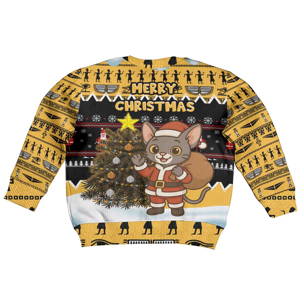 Egypt Christmas Kid Ugly Christmas Sweater with Santa Cat Sleigh Reindeer Christmas Tree and Ancient Hieroglyphic - Wonder Print Shop