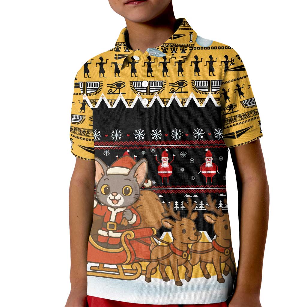 Egypt Christmas Kid Polo Shirt with Santa Cat Sleigh Reindeer Christmas Tree and Ancient Hieroglyphic - Wonder Print Shop