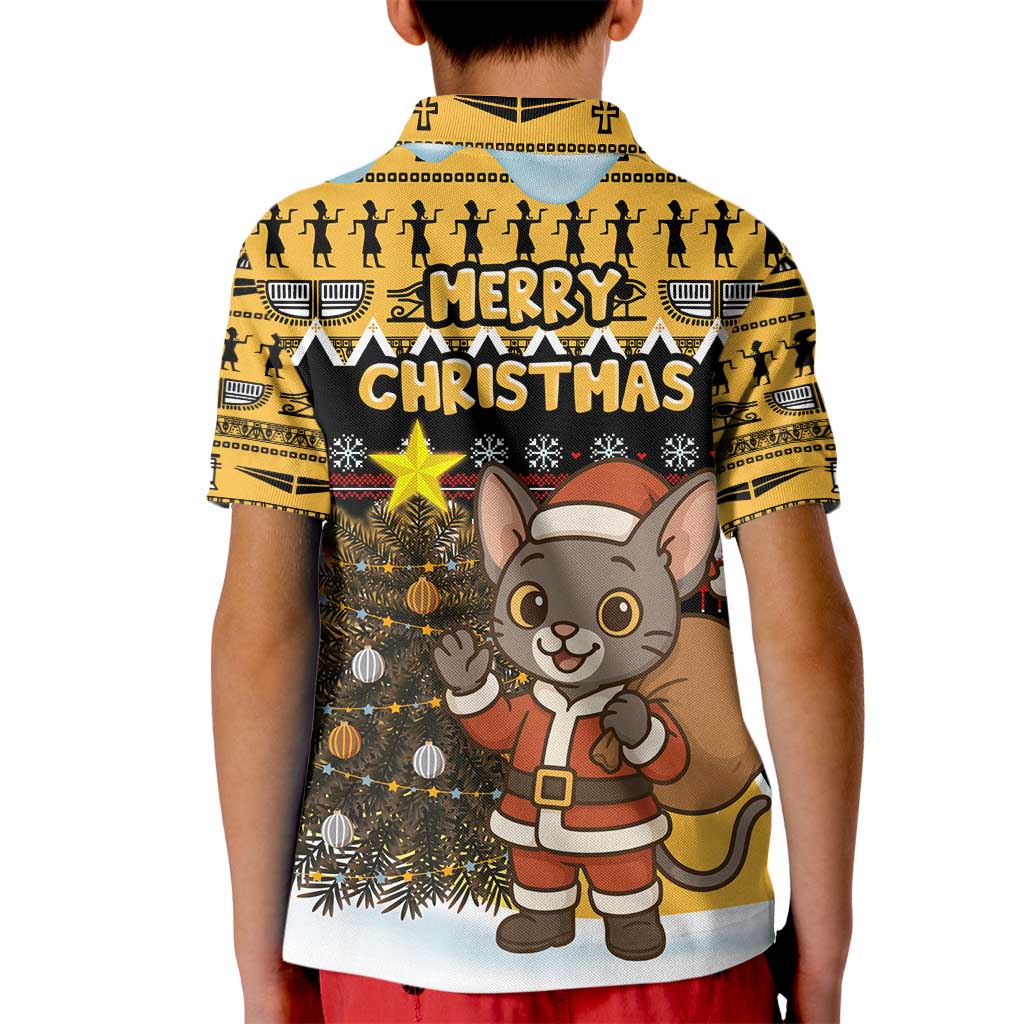 Egypt Christmas Kid Polo Shirt with Santa Cat Sleigh Reindeer Christmas Tree and Ancient Hieroglyphic - Wonder Print Shop
