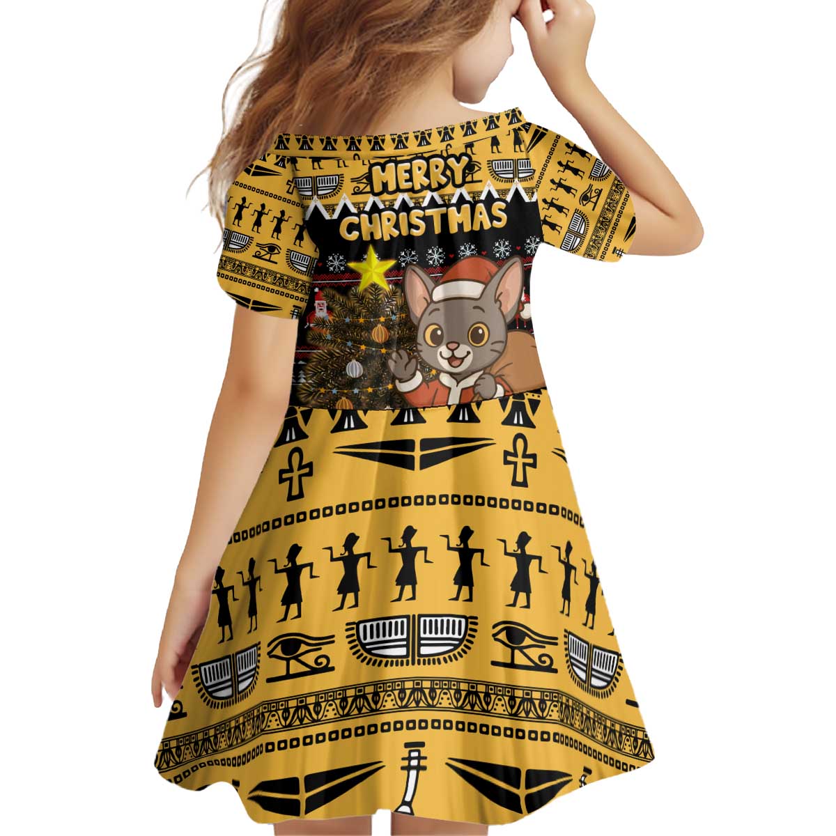 Egypt Christmas Kid Short Sleeve Dress with Santa Cat Sleigh Reindeer Christmas Tree and Ancient Hieroglyphic - Wonder Print Shop