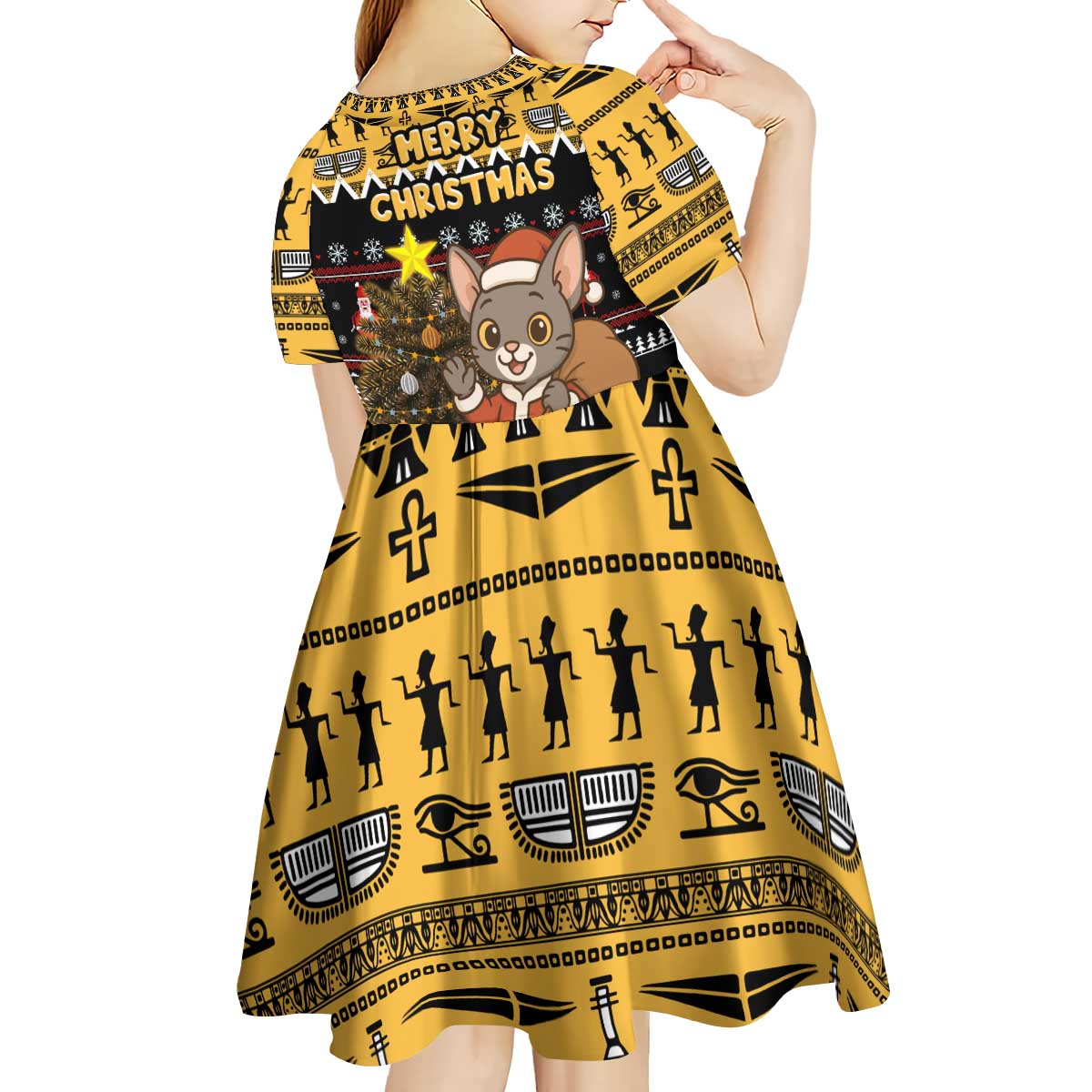 Egypt Christmas Kid Short Sleeve Dress with Santa Cat Sleigh Reindeer Christmas Tree and Ancient Hieroglyphic - Wonder Print Shop