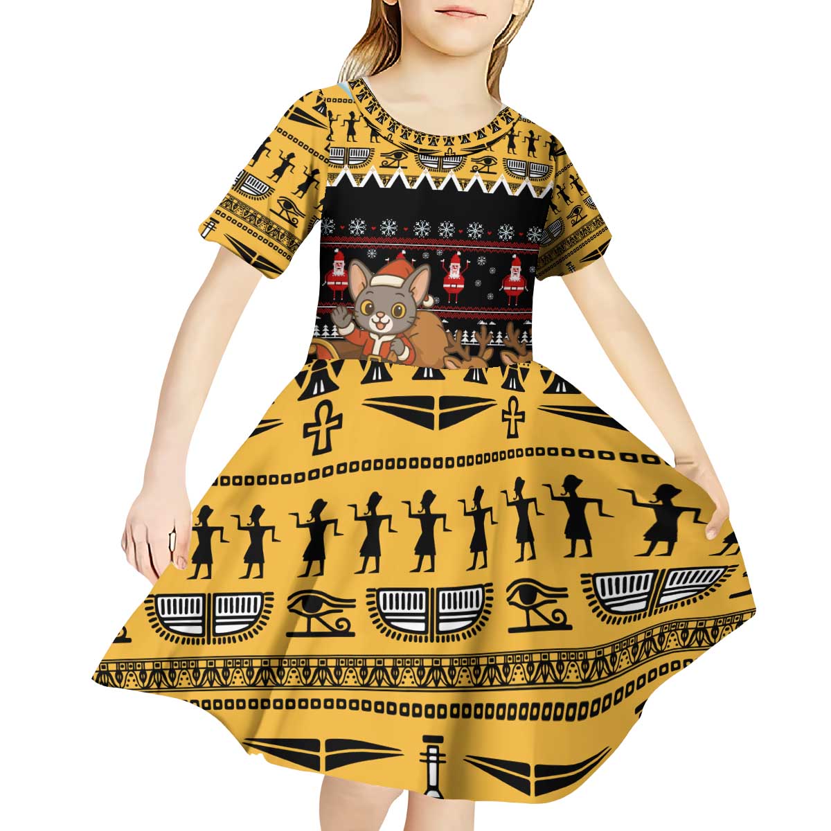 Egypt Christmas Kid Short Sleeve Dress with Santa Cat Sleigh Reindeer Christmas Tree and Ancient Hieroglyphic - Wonder Print Shop