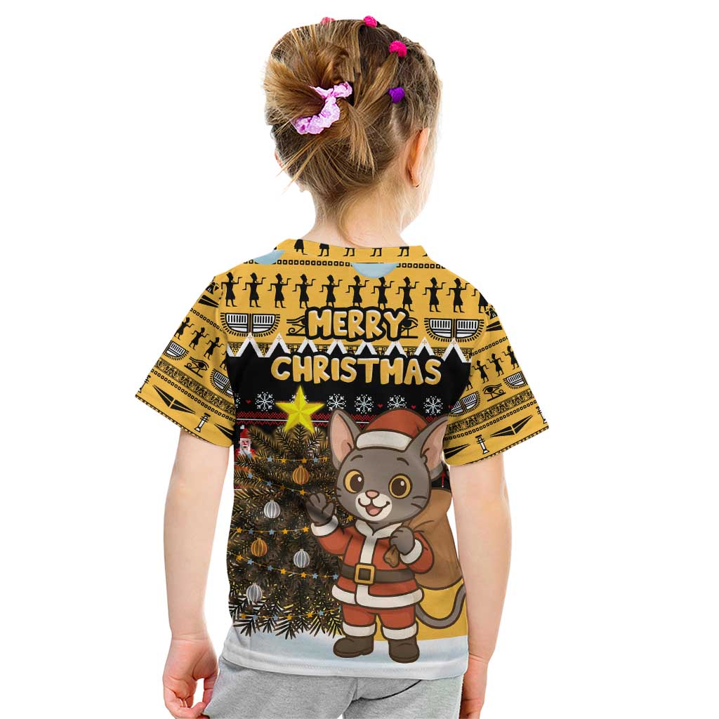 Egypt Christmas Kid T Shirt with Santa Cat Sleigh Reindeer Christmas Tree and Ancient Hieroglyphic - Wonder Print Shop