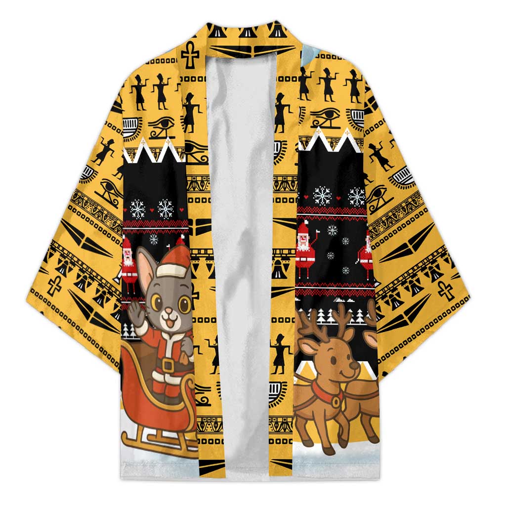 Egypt Christmas Kimono with Santa Cat Sleigh Reindeer Christmas Tree and Ancient Hieroglyphic - Wonder Print Shop