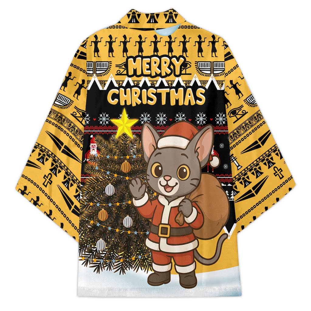 Egypt Christmas Kimono with Santa Cat Sleigh Reindeer Christmas Tree and Ancient Hieroglyphic - Wonder Print Shop