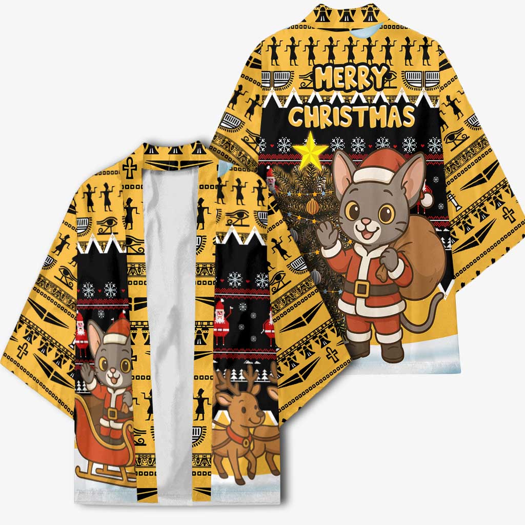 Egypt Christmas Kimono with Santa Cat Sleigh Reindeer Christmas Tree and Ancient Hieroglyphic - Wonder Print Shop
