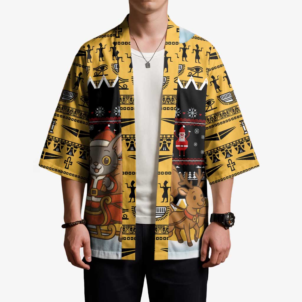 Egypt Christmas Kimono with Santa Cat Sleigh Reindeer Christmas Tree and Ancient Hieroglyphic - Wonder Print Shop