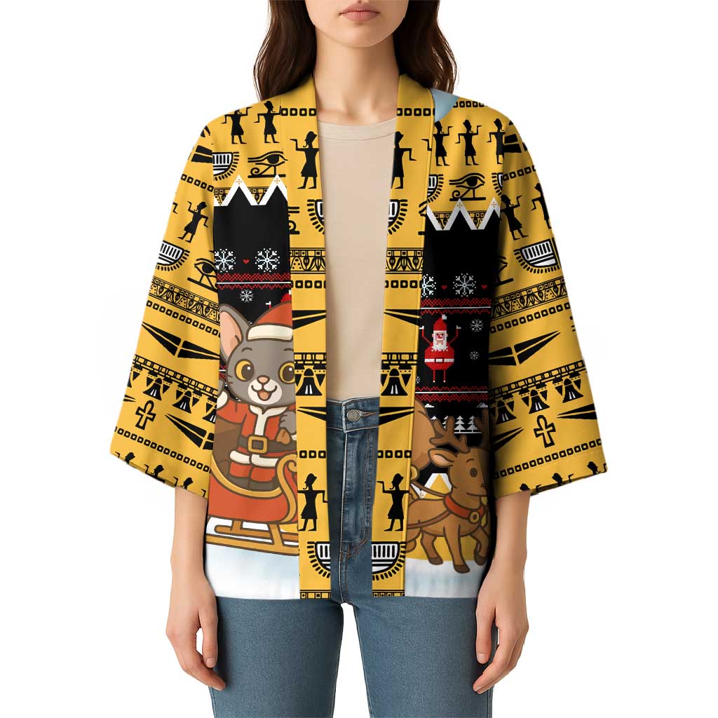 Egypt Christmas Kimono with Santa Cat Sleigh Reindeer Christmas Tree and Ancient Hieroglyphic - Wonder Print Shop