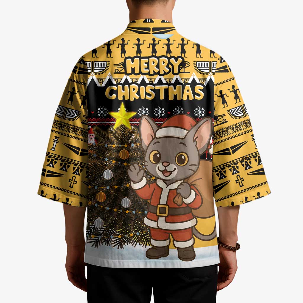 Egypt Christmas Kimono with Santa Cat Sleigh Reindeer Christmas Tree and Ancient Hieroglyphic - Wonder Print Shop