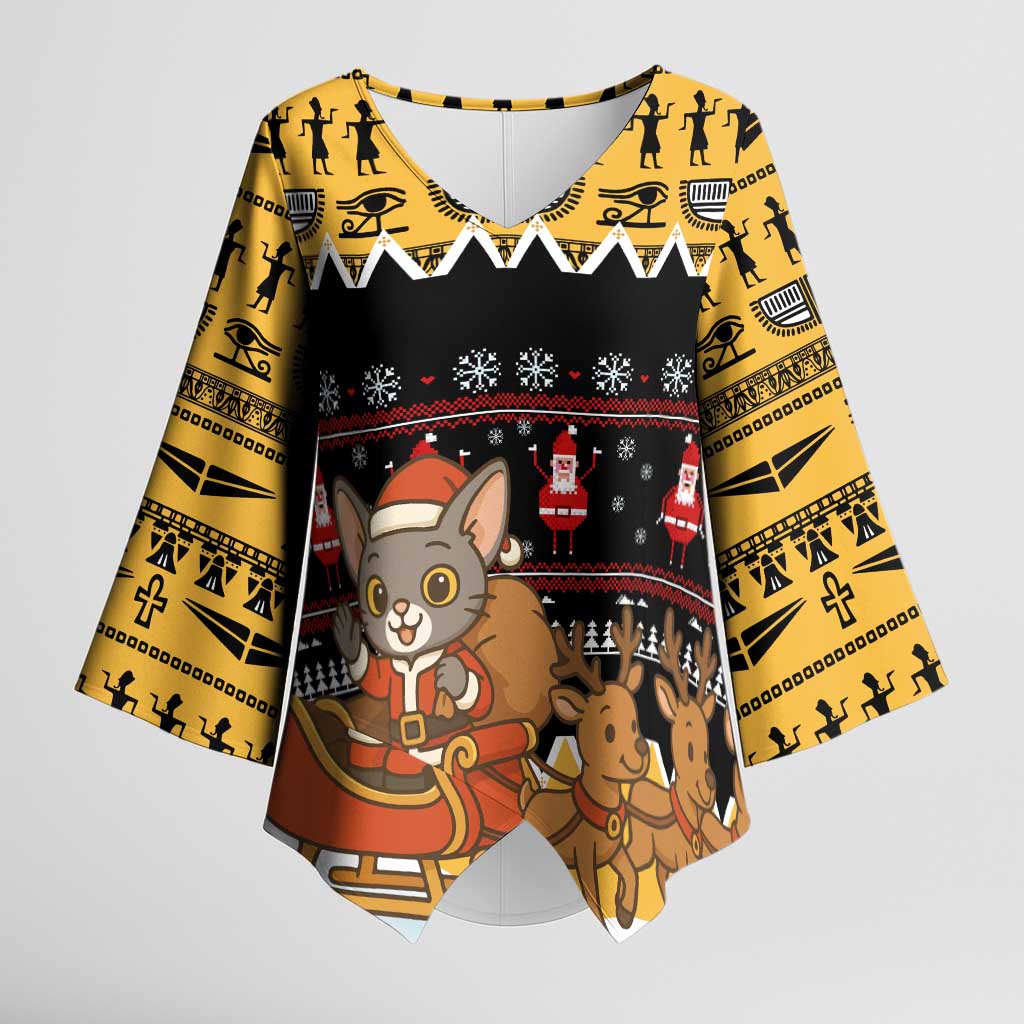 Egypt Christmas Kimono Sleeve Blouse with Santa Cat Sleigh Reindeer Christmas Tree and Ancient Hieroglyphic - Wonder Print Shop