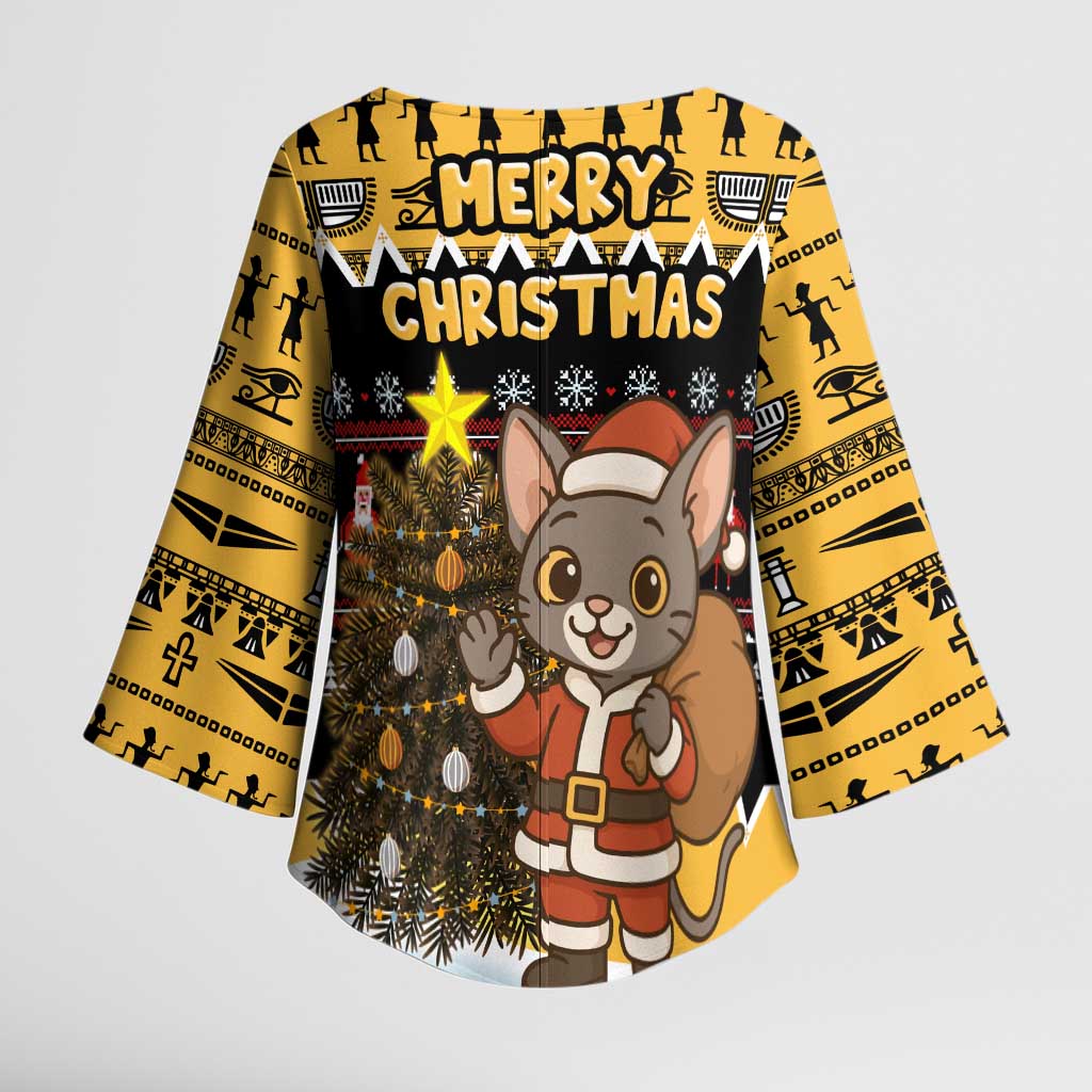 Egypt Christmas Kimono Sleeve Blouse with Santa Cat Sleigh Reindeer Christmas Tree and Ancient Hieroglyphic - Wonder Print Shop