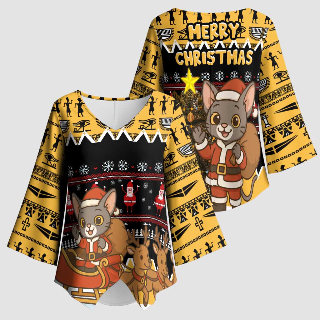 Egypt Christmas Kimono Sleeve Blouse with Santa Cat Sleigh Reindeer Christmas Tree and Ancient Hieroglyphic - Wonder Print Shop