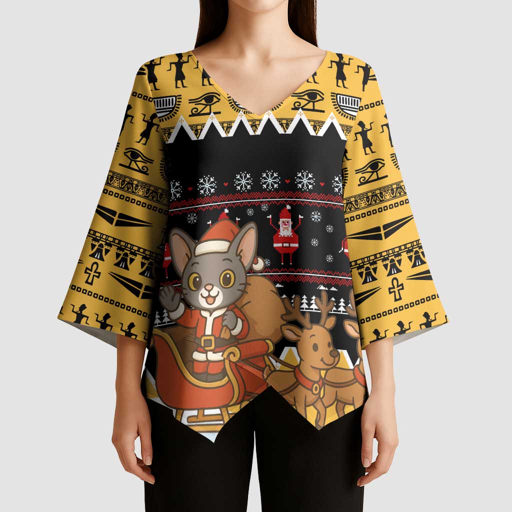 Egypt Christmas Kimono Sleeve Blouse with Santa Cat Sleigh Reindeer Christmas Tree and Ancient Hieroglyphic - Wonder Print Shop