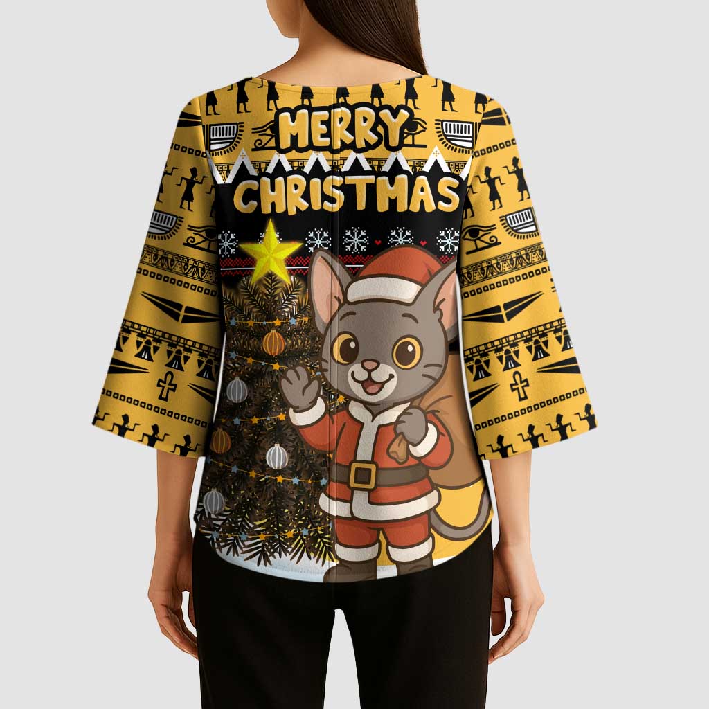 Egypt Christmas Kimono Sleeve Blouse with Santa Cat Sleigh Reindeer Christmas Tree and Ancient Hieroglyphic - Wonder Print Shop