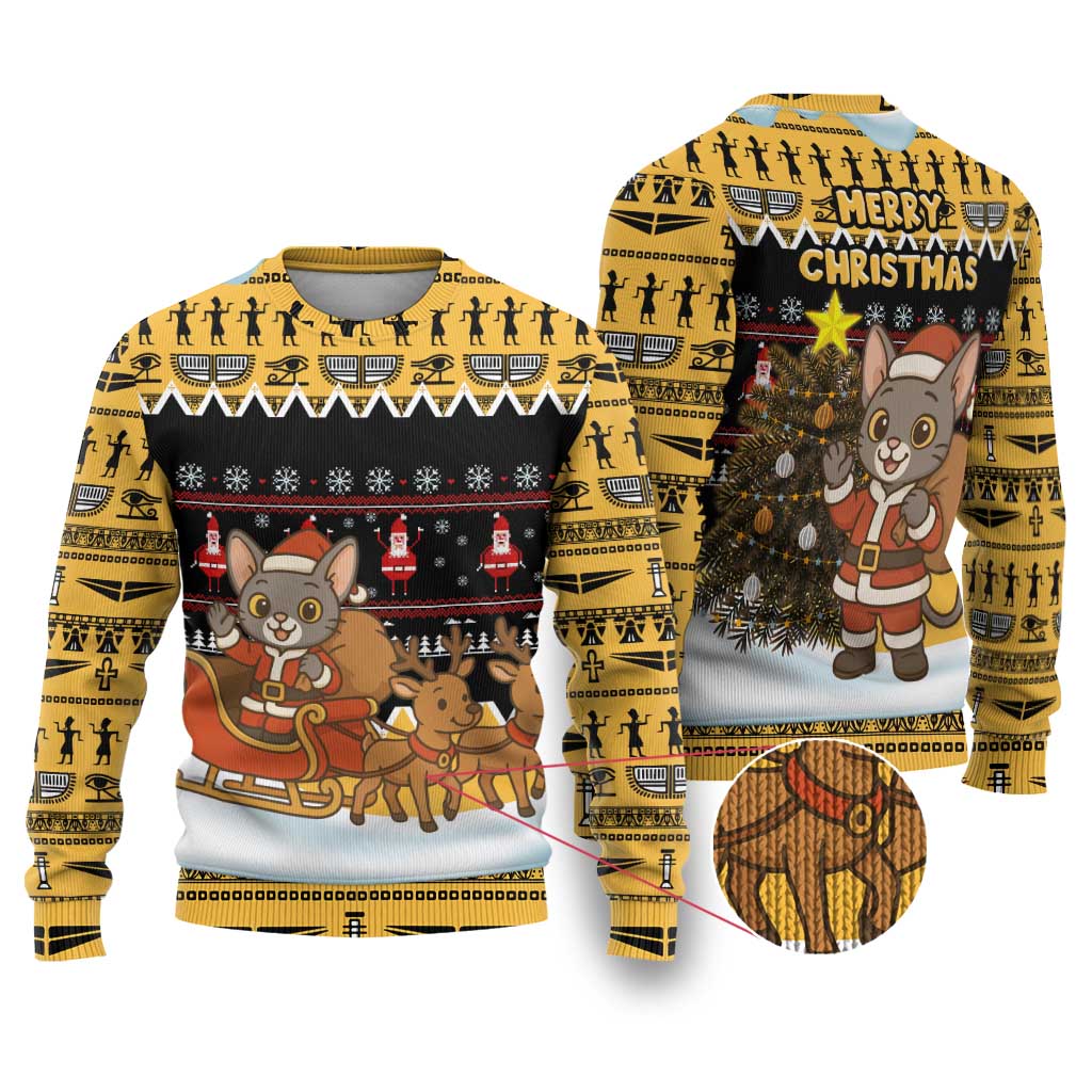 Egypt Christmas Ugly Christmas Sweater with Santa Cat Sleigh Reindeer Christmas Tree and Ancient Hieroglyphic - Wonder Print Shop