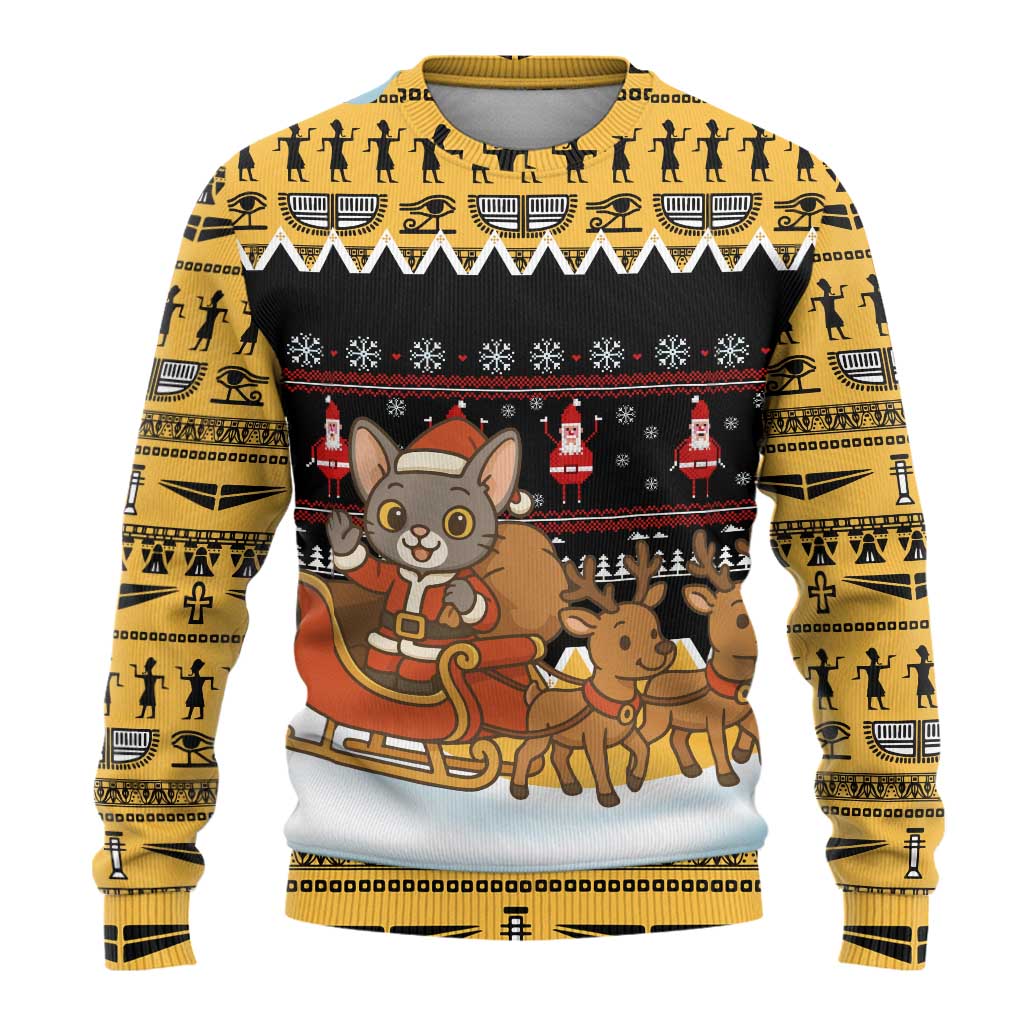 Egypt Christmas Ugly Christmas Sweater with Santa Cat Sleigh Reindeer Christmas Tree and Ancient Hieroglyphic - Wonder Print Shop