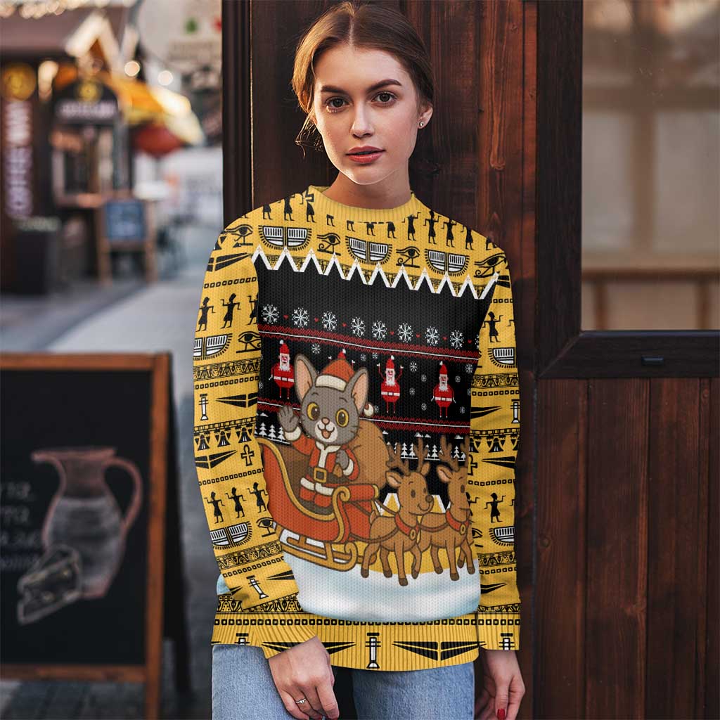 Egypt Christmas Ugly Christmas Sweater with Santa Cat Sleigh Reindeer Christmas Tree and Ancient Hieroglyphic - Wonder Print Shop