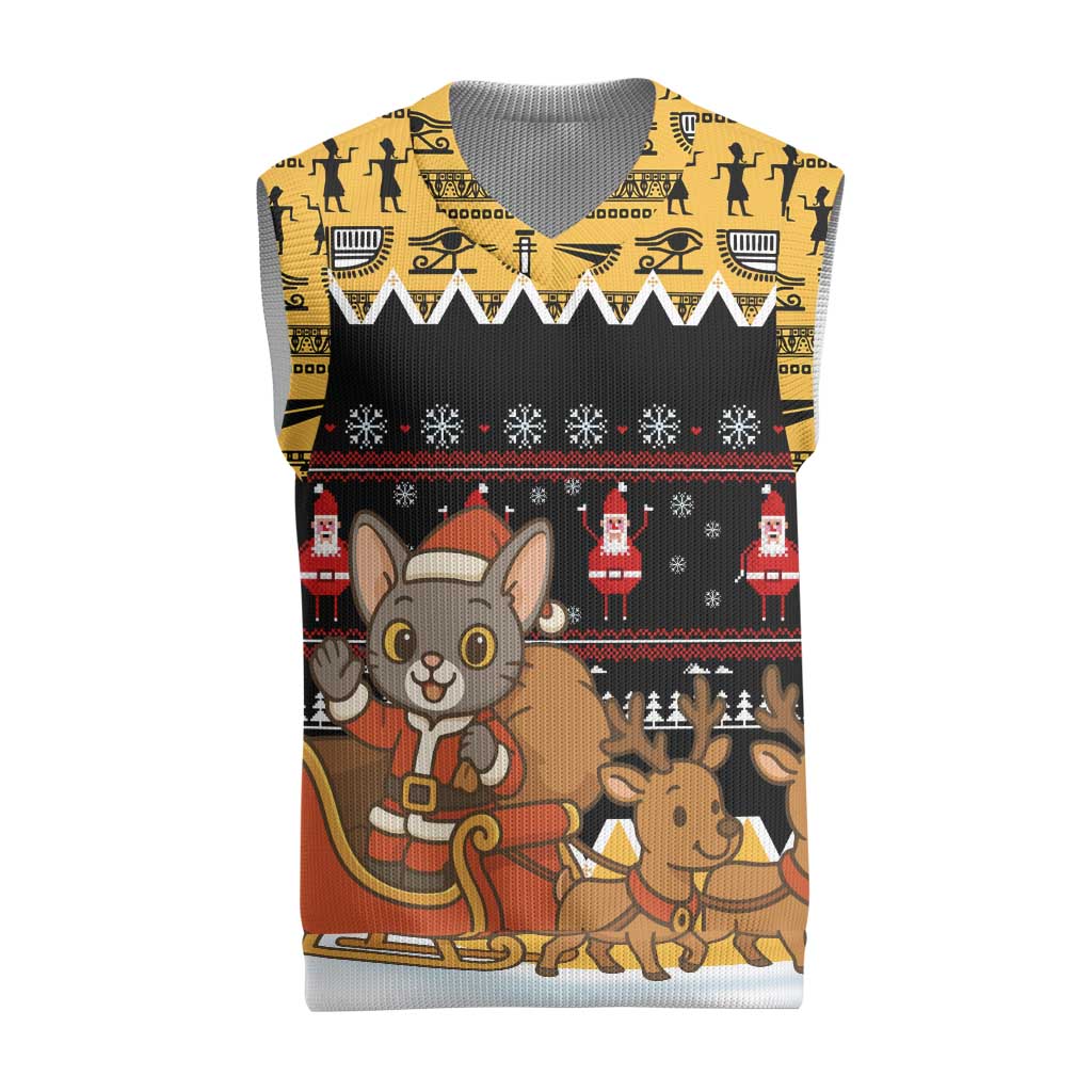 Egypt Christmas Knitted V-Neck Vest with Santa Cat Sleigh Reindeer Christmas Tree and Ancient Hieroglyphic - Wonder Print Shop