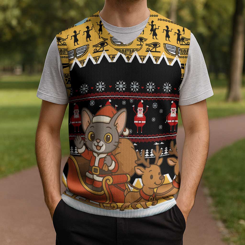 Egypt Christmas Knitted V-Neck Vest with Santa Cat Sleigh Reindeer Christmas Tree and Ancient Hieroglyphic - Wonder Print Shop