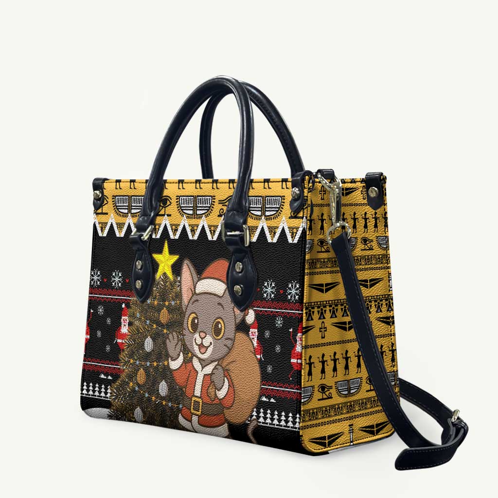 Egypt Christmas Leather Bag with Santa Cat Sleigh Reindeer Christmas Tree and Ancient Hieroglyphic - Wonder Print Shop