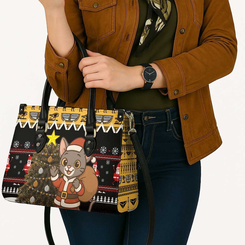 Egypt Christmas Leather Bag with Santa Cat Sleigh Reindeer Christmas Tree and Ancient Hieroglyphic - Wonder Print Shop