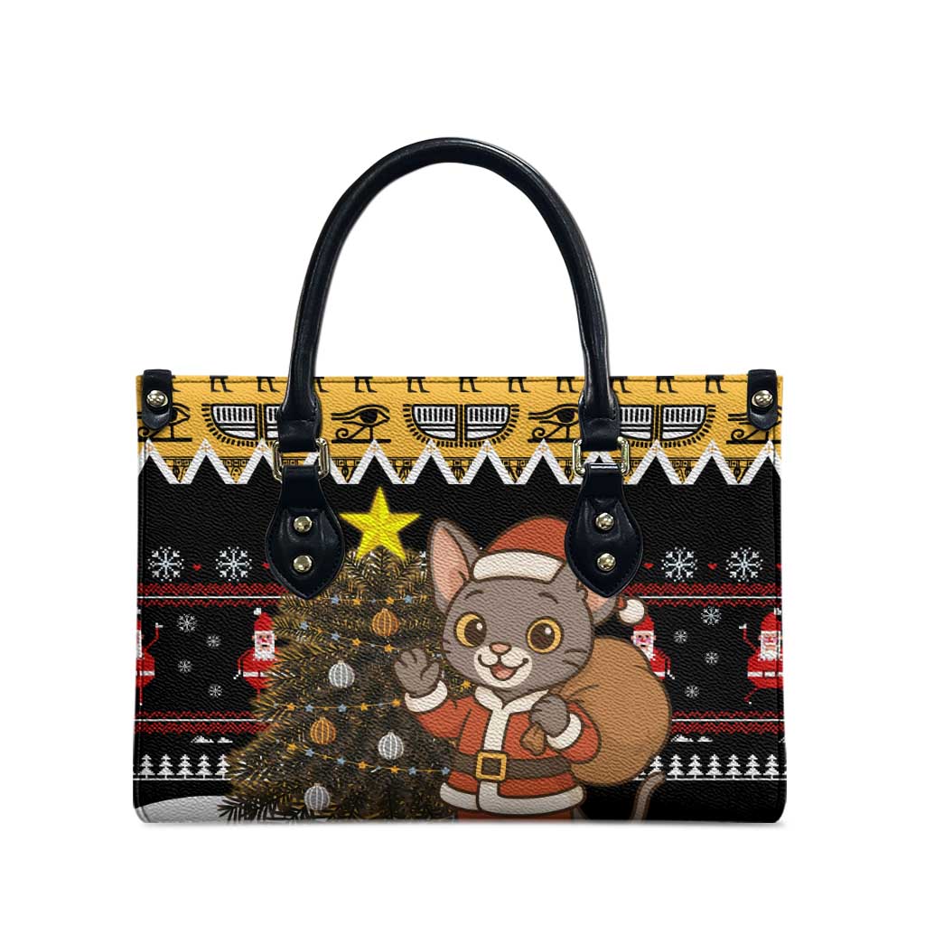 Egypt Christmas Leather Bag with Santa Cat Sleigh Reindeer Christmas Tree and Ancient Hieroglyphic - Wonder Print Shop