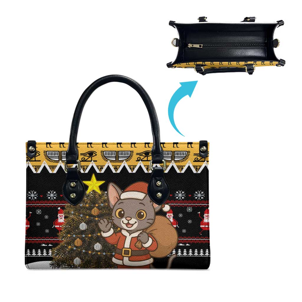 Egypt Christmas Leather Bag with Santa Cat Sleigh Reindeer Christmas Tree and Ancient Hieroglyphic - Wonder Print Shop