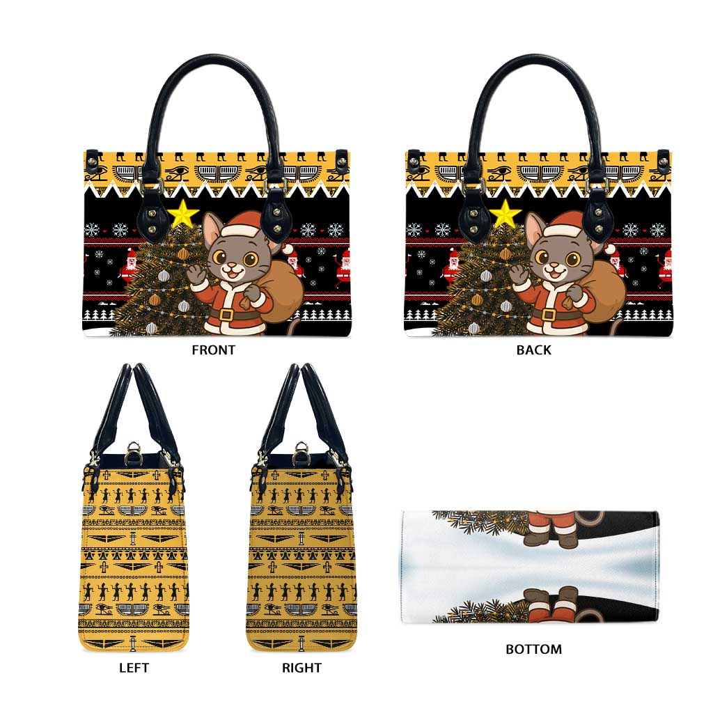 Egypt Christmas Leather Bag with Santa Cat Sleigh Reindeer Christmas Tree and Ancient Hieroglyphic - Wonder Print Shop