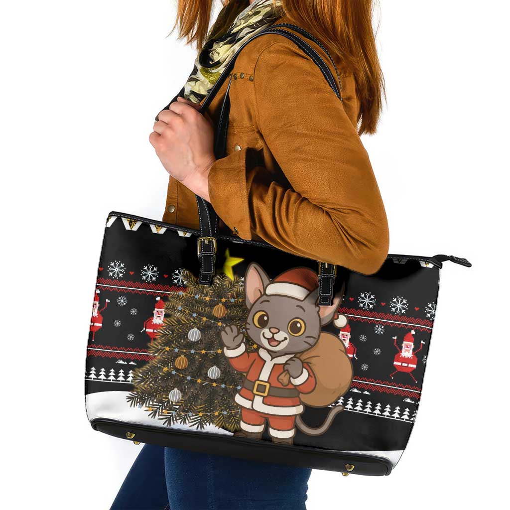 Egypt Christmas Leather Tote Bag with Santa Cat Sleigh Reindeer Christmas Tree and Ancient Hieroglyphic - Wonder Print Shop