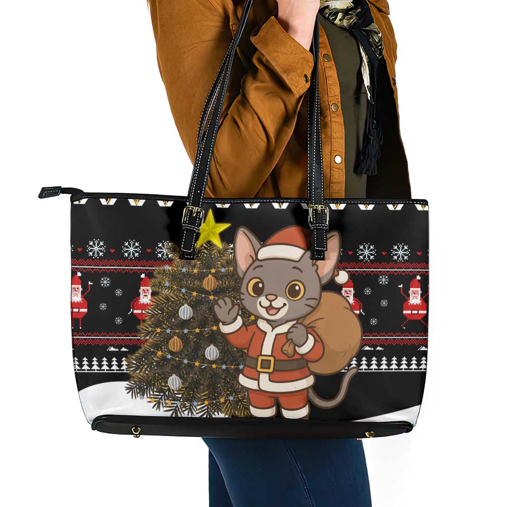 Egypt Christmas Leather Tote Bag with Santa Cat Sleigh Reindeer Christmas Tree and Ancient Hieroglyphic - Wonder Print Shop
