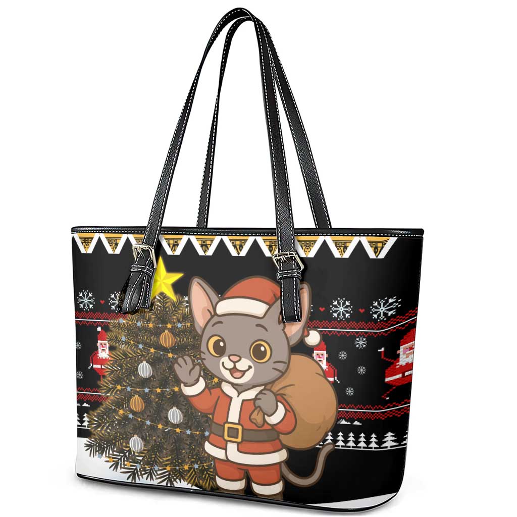 Egypt Christmas Leather Tote Bag with Santa Cat Sleigh Reindeer Christmas Tree and Ancient Hieroglyphic - Wonder Print Shop