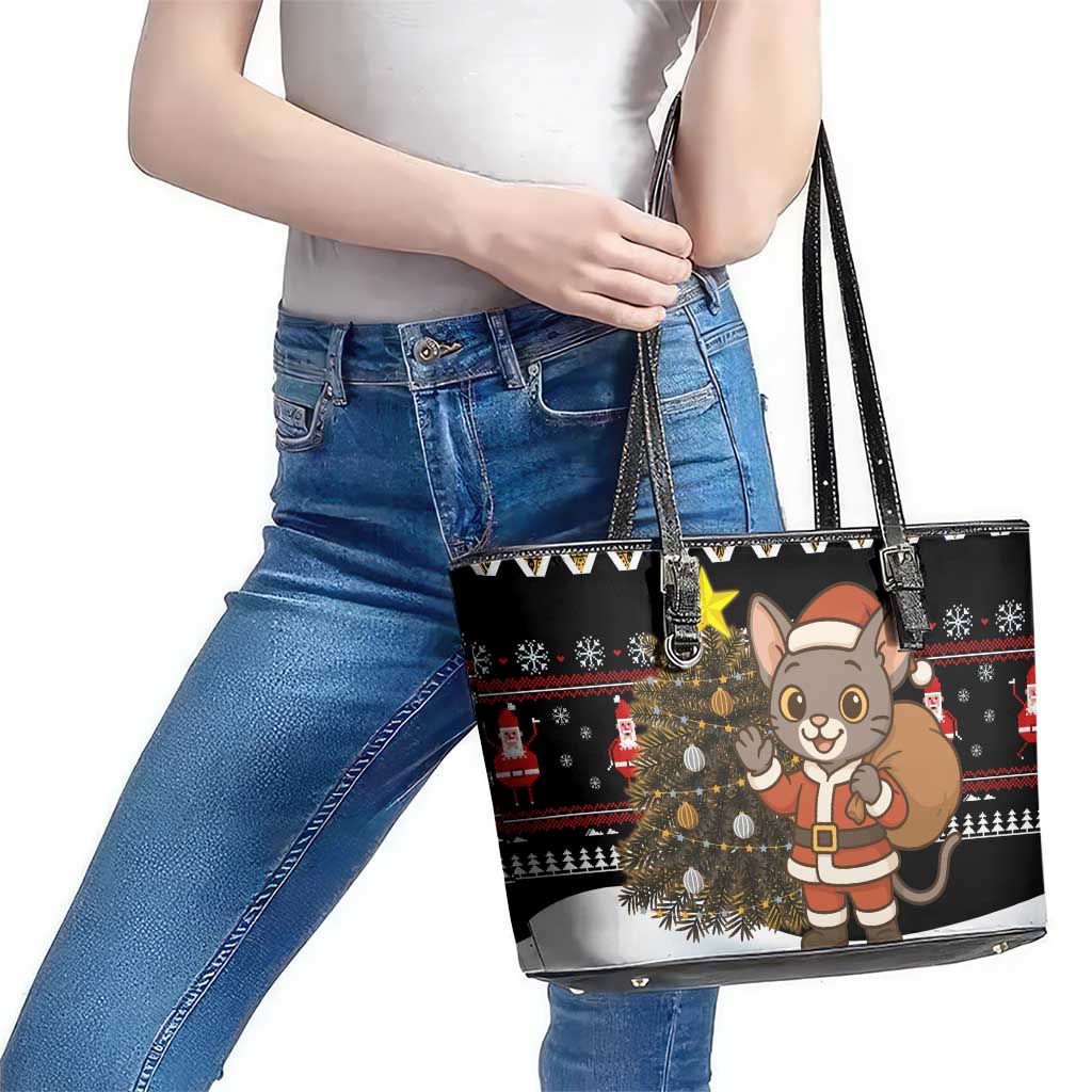 Egypt Christmas Leather Tote Bag with Santa Cat Sleigh Reindeer Christmas Tree and Ancient Hieroglyphic - Wonder Print Shop