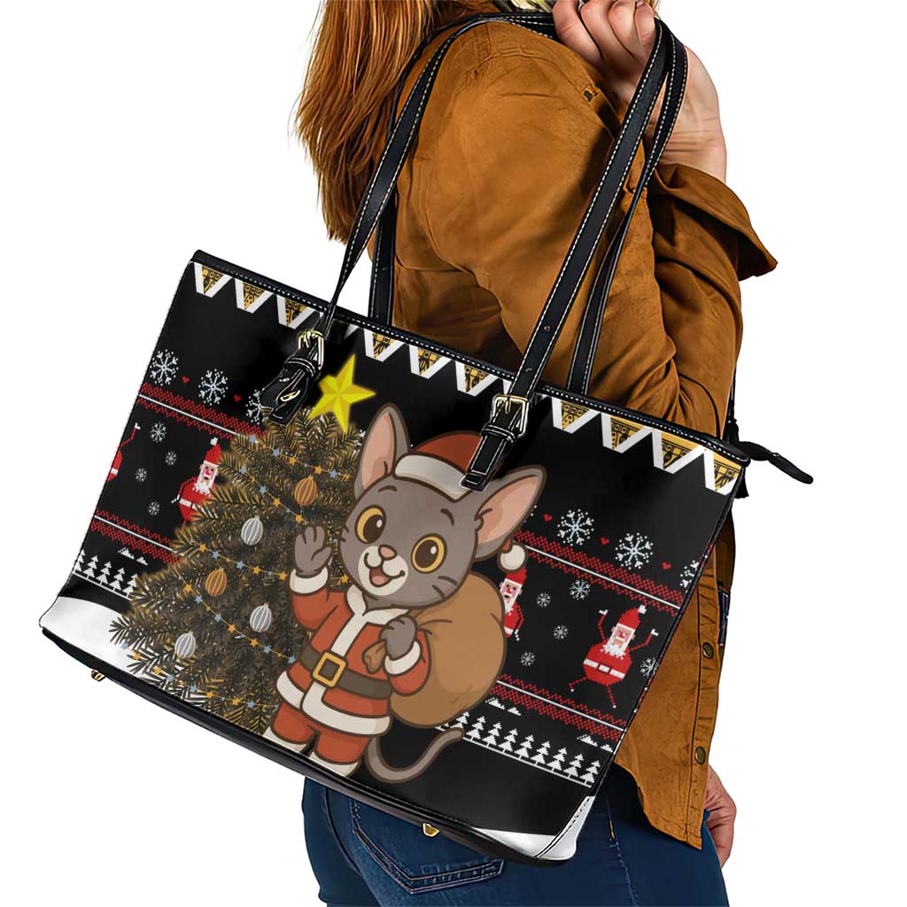 Egypt Christmas Leather Tote Bag with Santa Cat Sleigh Reindeer Christmas Tree and Ancient Hieroglyphic - Wonder Print Shop