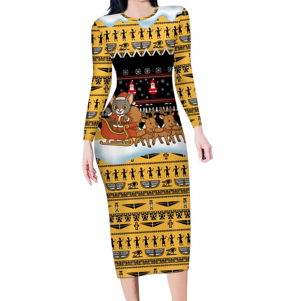 Egypt Christmas Long Sleeve Bodycon Dress with Santa Cat Sleigh Reindeer Christmas Tree and Ancient Hieroglyphic - Wonder Print Shop