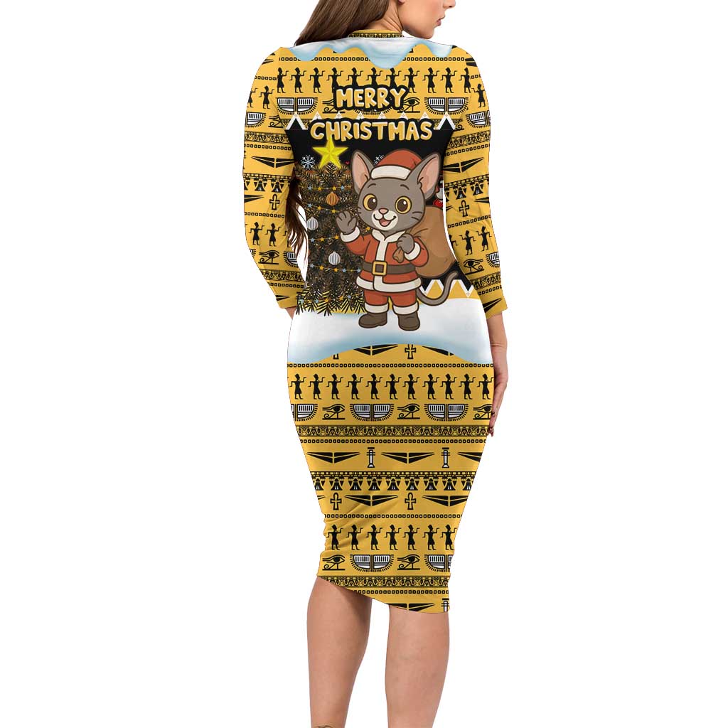 Egypt Christmas Long Sleeve Bodycon Dress with Santa Cat Sleigh Reindeer Christmas Tree and Ancient Hieroglyphic - Wonder Print Shop