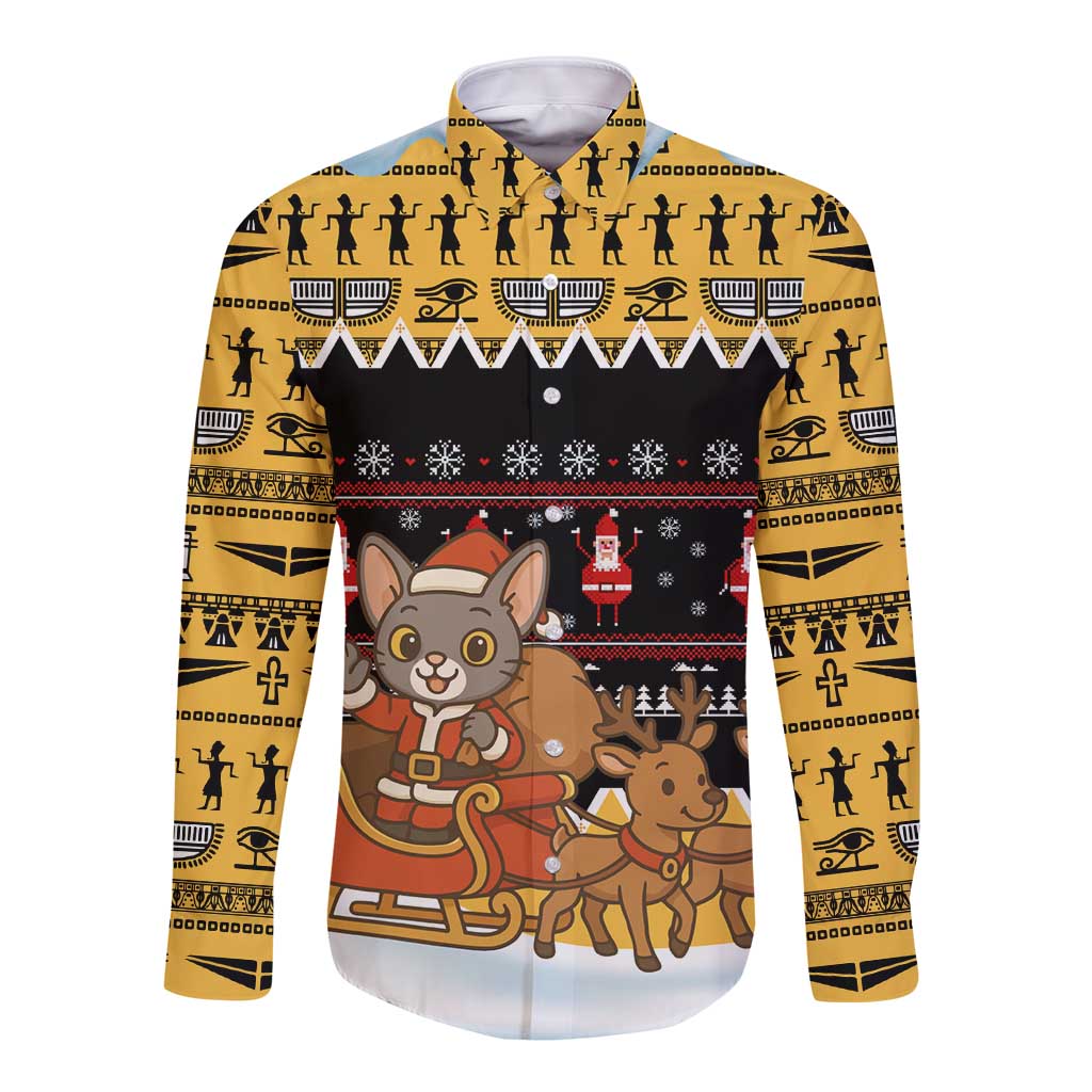 Egypt Christmas Long Sleeve Button Shirt with Santa Cat Sleigh Reindeer Christmas Tree and Ancient Hieroglyphic - Wonder Print Shop
