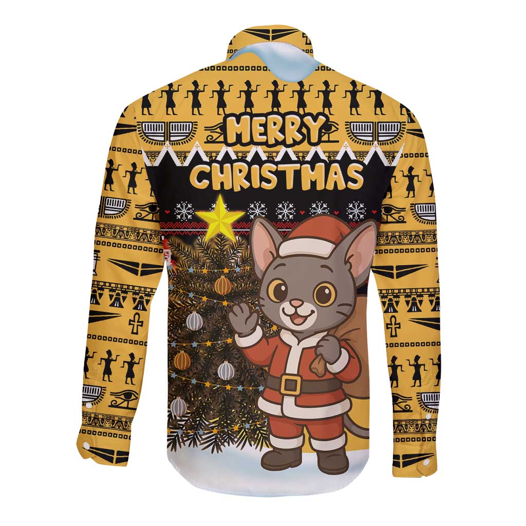 Egypt Christmas Long Sleeve Button Shirt with Santa Cat Sleigh Reindeer Christmas Tree and Ancient Hieroglyphic - Wonder Print Shop