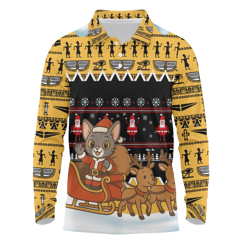 Egypt Christmas Long Sleeve Polo Shirt with Santa Cat Sleigh Reindeer Christmas Tree and Ancient Hieroglyphic - Wonder Print Shop