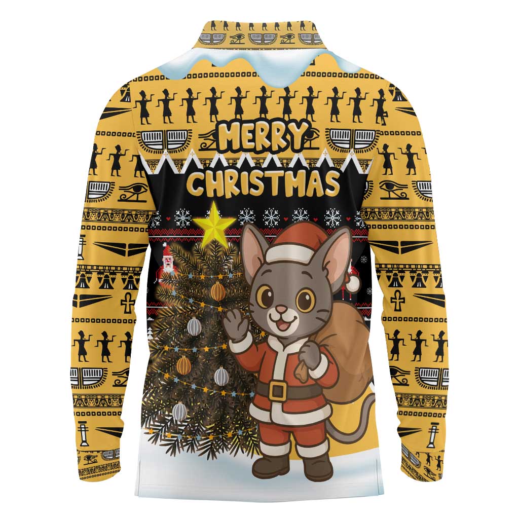 Egypt Christmas Long Sleeve Polo Shirt with Santa Cat Sleigh Reindeer Christmas Tree and Ancient Hieroglyphic - Wonder Print Shop