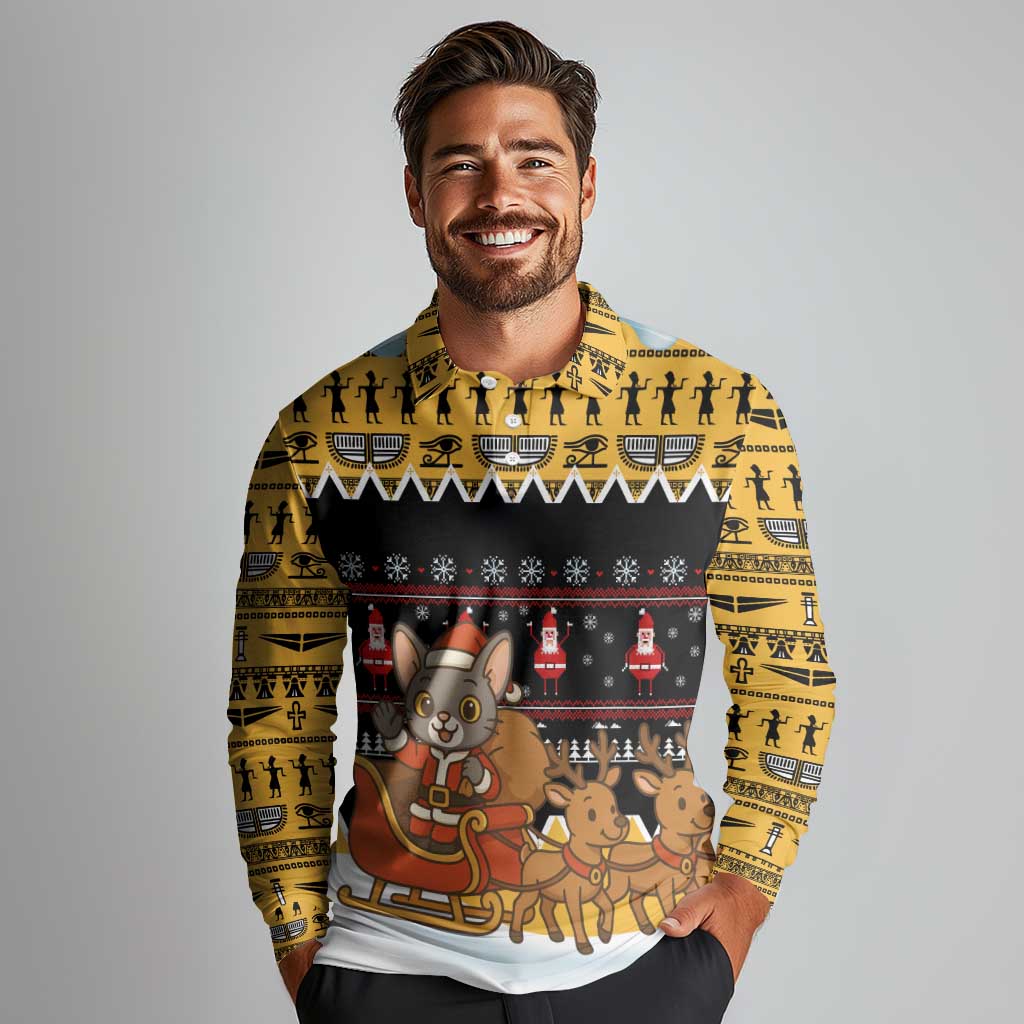 Egypt Christmas Long Sleeve Polo Shirt with Santa Cat Sleigh Reindeer Christmas Tree and Ancient Hieroglyphic - Wonder Print Shop