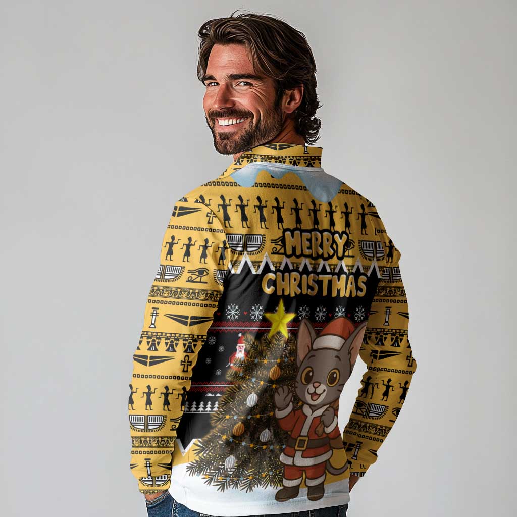 Egypt Christmas Long Sleeve Polo Shirt with Santa Cat Sleigh Reindeer Christmas Tree and Ancient Hieroglyphic - Wonder Print Shop