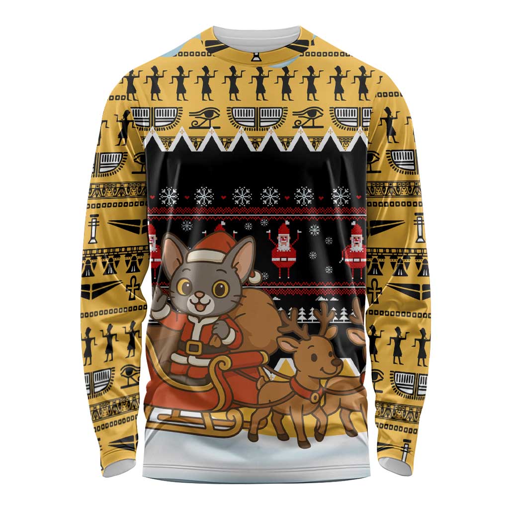 Egypt Christmas Long Sleeve Shirt with Santa Cat Sleigh Reindeer Christmas Tree and Ancient Hieroglyphic - Wonder Print Shop