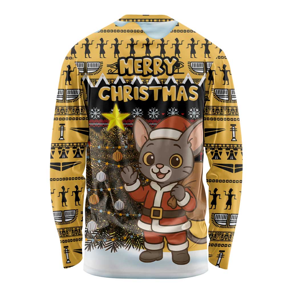 Egypt Christmas Long Sleeve Shirt with Santa Cat Sleigh Reindeer Christmas Tree and Ancient Hieroglyphic - Wonder Print Shop