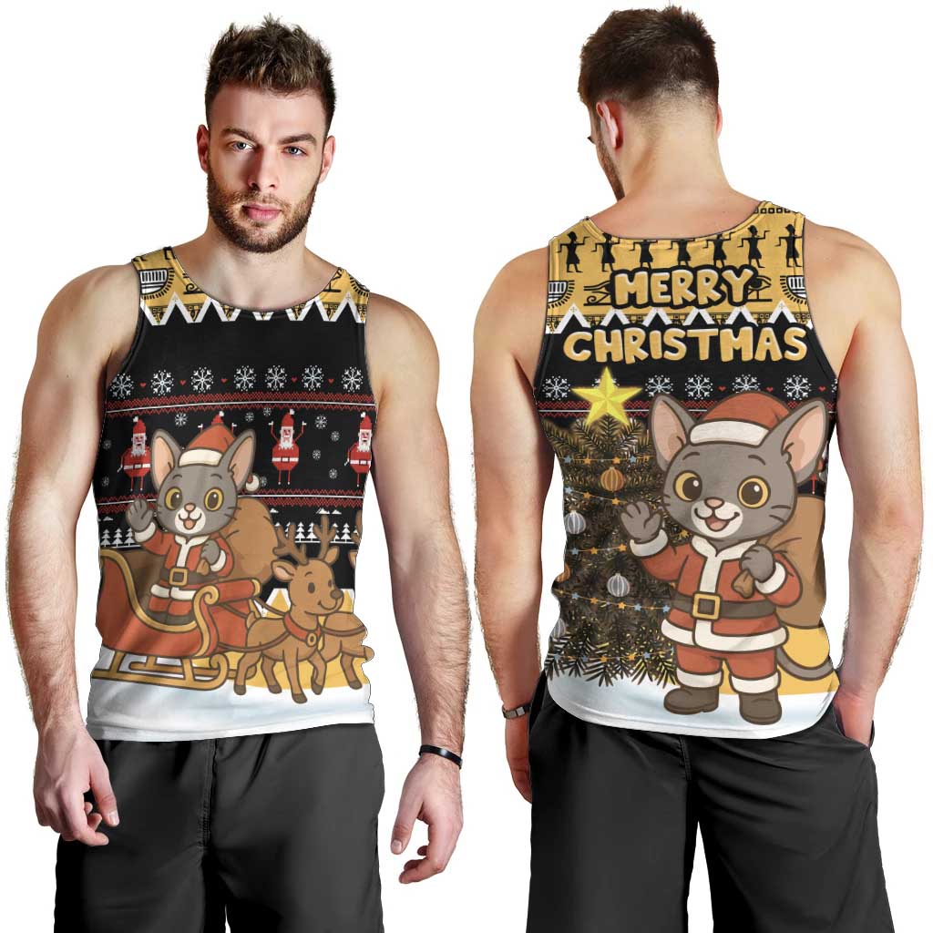 Egypt Christmas Men Tank Top with Santa Cat Sleigh Reindeer Christmas Tree and Ancient Hieroglyphic - Wonder Print Shop