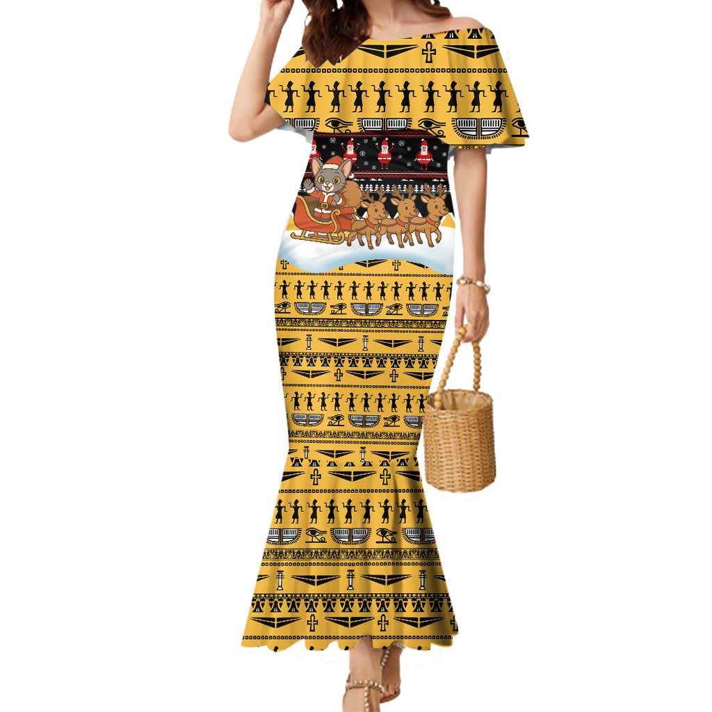 Egypt Christmas Mermaid Dress with Santa Cat Sleigh Reindeer Christmas Tree and Ancient Hieroglyphic - Wonder Print Shop