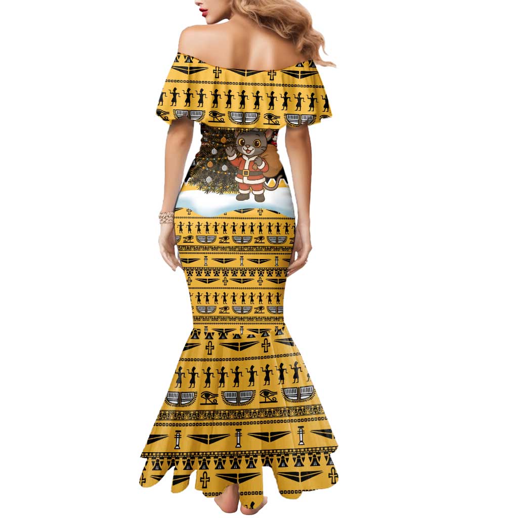 Egypt Christmas Mermaid Dress with Santa Cat Sleigh Reindeer Christmas Tree and Ancient Hieroglyphic - Wonder Print Shop