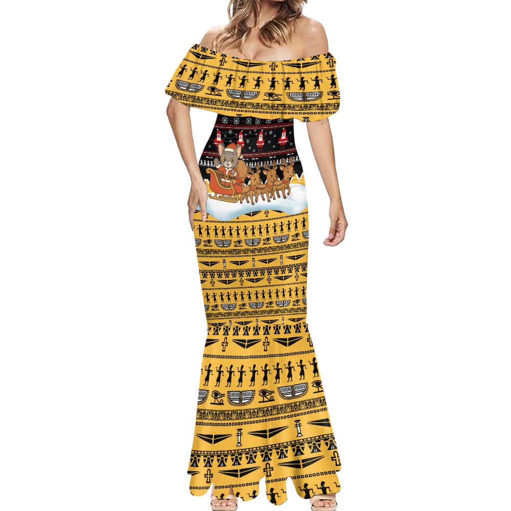 Egypt Christmas Mermaid Dress with Santa Cat Sleigh Reindeer Christmas Tree and Ancient Hieroglyphic - Wonder Print Shop