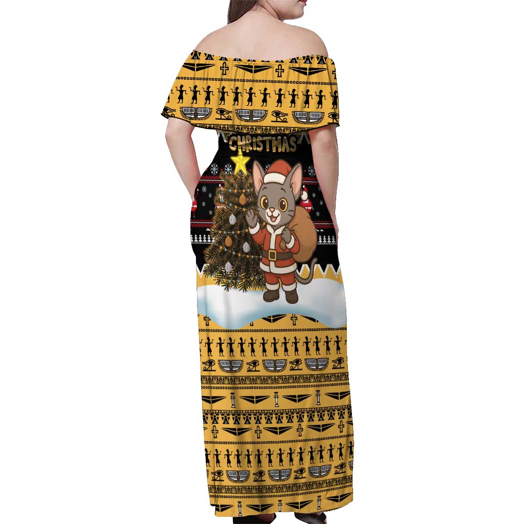 Egypt Christmas Off Shoulder Maxi Dress with Santa Cat Sleigh Reindeer Christmas Tree and Ancient Hieroglyphic - Wonder Print Shop